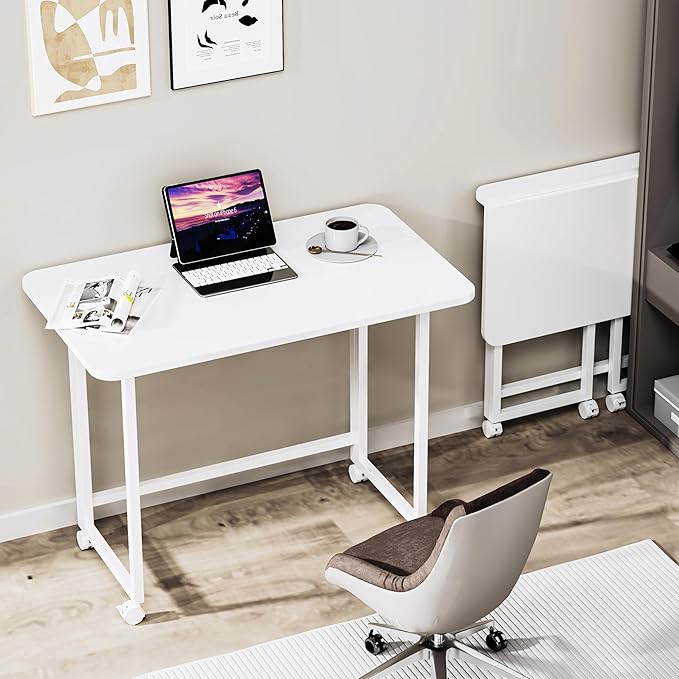 Folding Desk,Not Require Assembly,Small Foldable Desk 31.5" for Small Spaces,Space Saving Computer Table Writing Workstation for Home Office,White