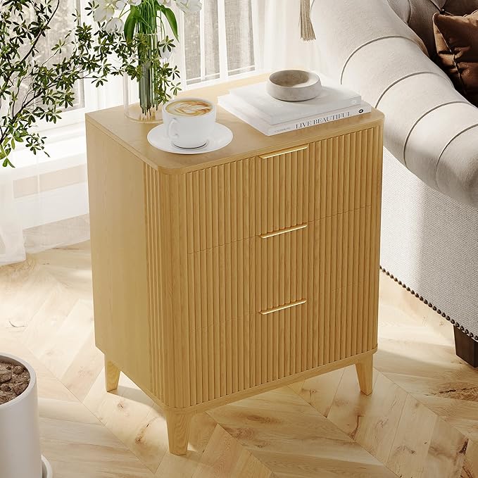 3 Drawer Fluted Dresser for Bedroom Set of 2, Modern Curved Closet Dressers Chest of Drawers, 23.6" Rustic Wood Nightstand 3-Drawer Dresser Bedside Table, End Table with 3 Large Drawers Natural