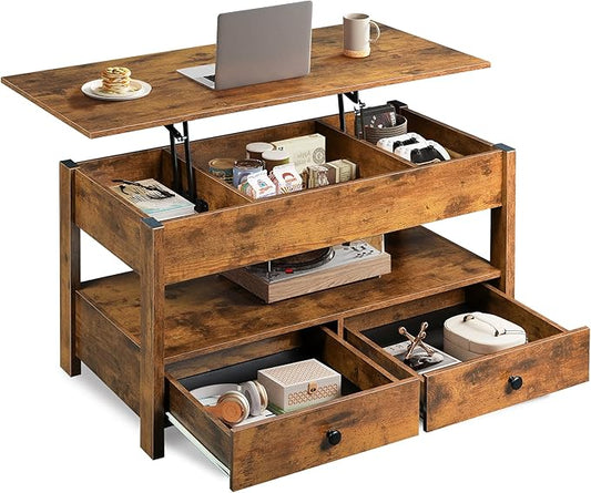 WLIVE Coffee Table, Lift Top Coffee Table with 2 Drawers, Large Hidden Hidden Compartment and Open Shelf, Lift Tabletop, Dining Table for Living Room, Rustic Brown