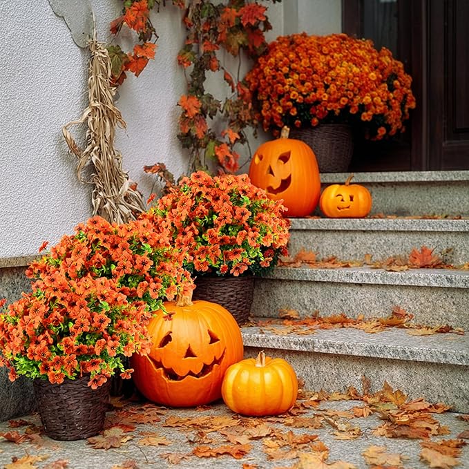 12 Bundles Artificial Fall Flowers Faux Mums for Outdoor Decoration Fake Fall Plants Flowers UV Resistant for Front Door Porch Patio Balcony Autumn Decor