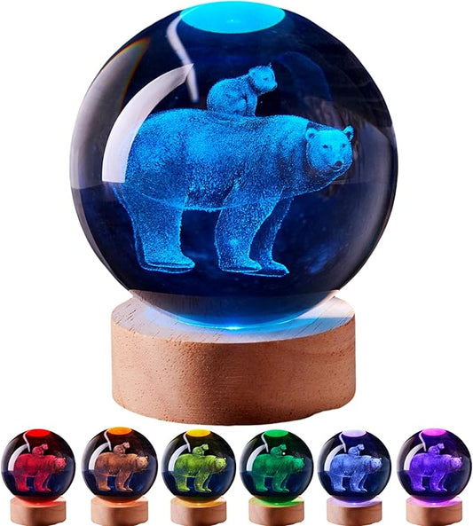 Polar Bear Crystal Ball Lamp with LED Wooden Base, 16 Colors Change & Remote Control Crystal Ball Night Light, Upgraded 3.15 Inch Glass Light, Gift for Kids Wife Girlfriend (Polar Bear)