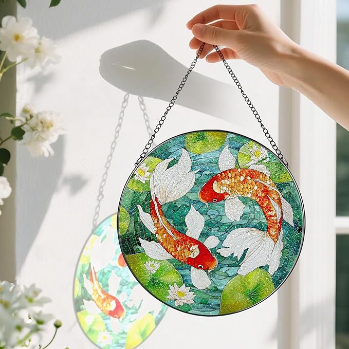8-Inch Koi Fish Stained Glass Suncatcher Ornament, Stained Glass Window Hanging, Window Hanging Decor – Mother's Day, Christmas, Birthday | Gifts for Parent, Friend, Newlywed, Coworker | Holiday Decor