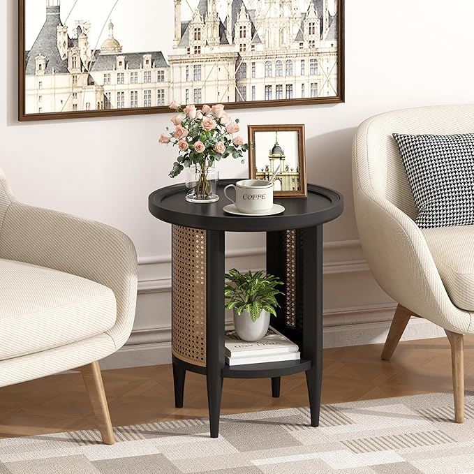 Yusong Round End Table Rattan Style Side Table with Solid Wood Legs, Boho Style Nightstand Bedside Table with 2-Tier Shelves, Small Coffee Table for Living Room Bedroom Small Spaces Black