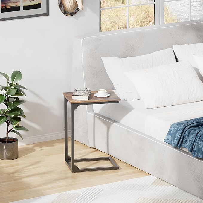 C-Shaped Side Table, C-Table for Sofa, Couch Table with Metal Frame, Large Surface Sofa Table for Living Room（Brown）