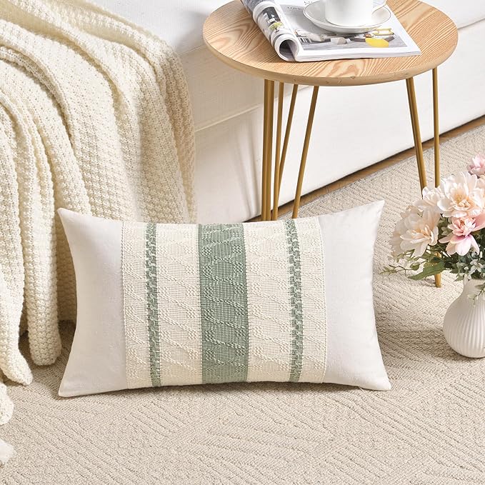 Fancy Homi Set of 2 Sage Green Boho Lumbar Decorative Throw Pillow Covers 12x24 Inch for Living Room Bedroom Couch Bed Chair, Rustic Retro Cushion Case, Bohemian Room Home Decor