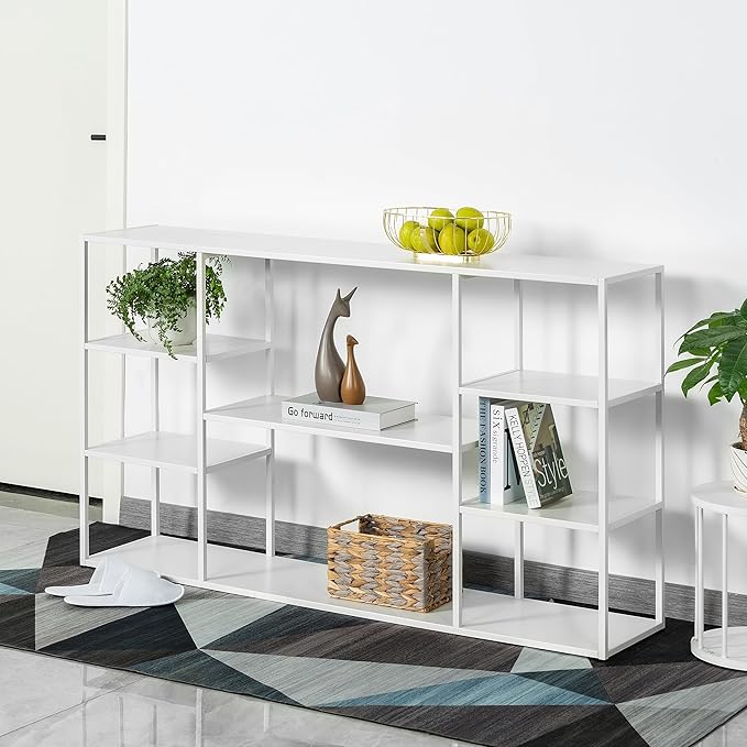 55 Inch Metal Console Table with 8 Storage Shelves,Extra Long Entryway Table,Narrow Sofa Table,Hallway Table for Entrances to Corridor, Foyer,Living Room (White, 55.12×11.81×31.5in)