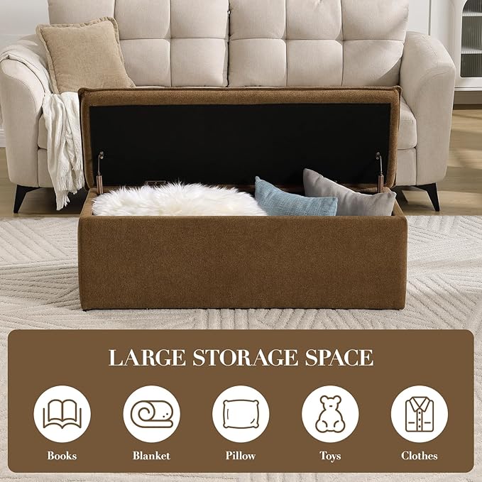 CIMOTA Storage Ottoman Bench, Upholstered End of Bed Storage Bench with Safety Hinge, Large Storage Chest with Seating, Modern Entryway Bench for Bedroom, Living Room, Chenille Brown