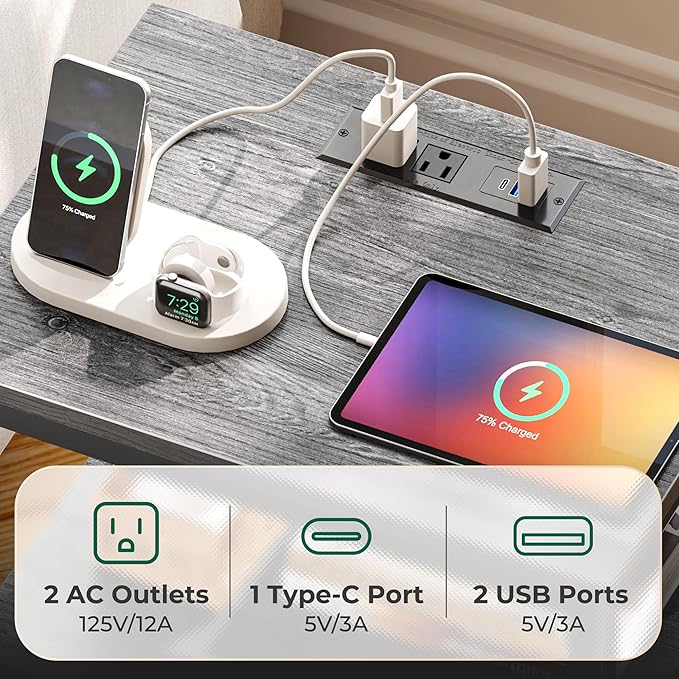 Huuger Night Stand with Charger Station and LED Lights, 4 Drawer Nightstand, Bed Side Table with Open Shelf, End Table, Fabric Dresser for Bedroom, Grey