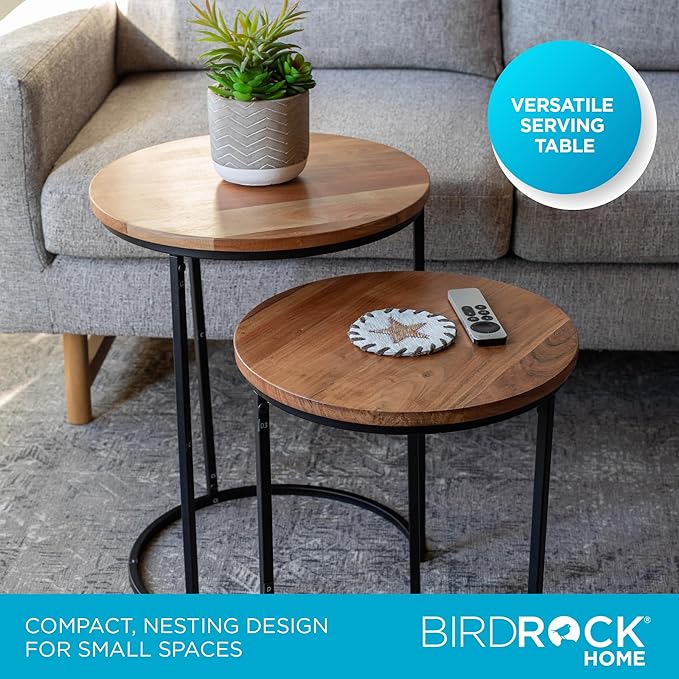 BIRDROCK HOME Wooden Nesting Side Tables - Mid Century Modern Stackable Coffee Table - Space-Saving Wooden End Table for Living Room, Bedroom, Centerpiece, Office, Balcony - Natural Mango Wood - 2 Set