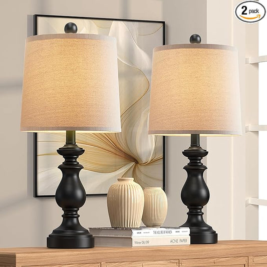 PARTPHONER Traditional Table Lamp Set of 2, Rustic Farmhouse Table Lamps for Living Room Bedroom, 22" Bedside Desk Lamps Vintage Nightstand Lamps with Linen Shades, Black