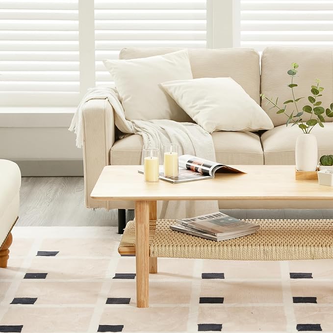 Farmhouse Coffee Table with Rattan Storage Boho Mid Centry Modern Center Table with Under Shelf Wood Living Room Table with Woven Shelf Underneath for Living Room Lounge, Natural Color