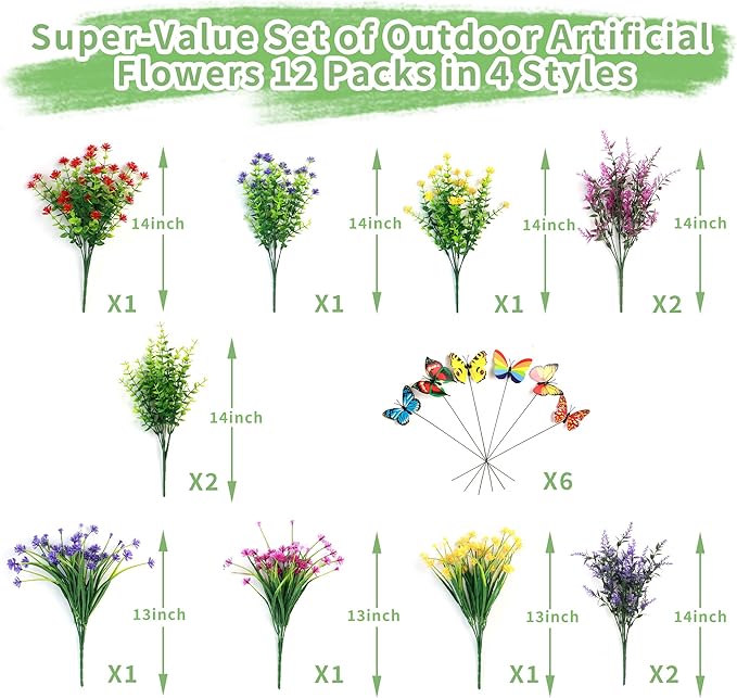 12 Bundles Artificial Flowers for Outdoors UV Resistant, Artificial Flowers Outdoor Decoration, No Fade Faux Fake Flowers Greenery Shrub Plants for Garden Home Front Porch Window Hanging Decor