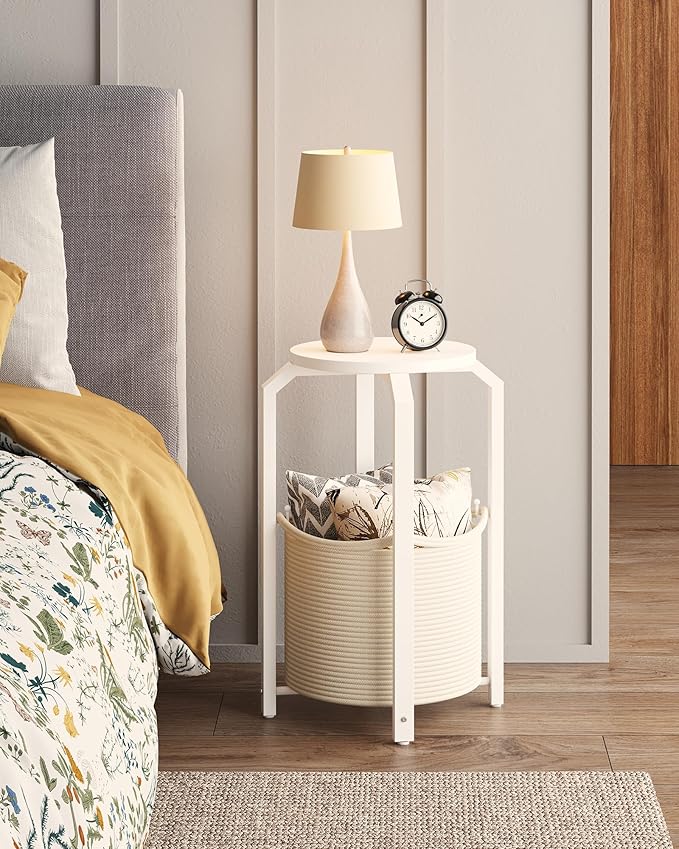 TUTOTAK Small Side Table, Round End Table, Night Stand, Bedside Table, Set of 2, Sofa Table with Storage Basket, Living Room, Bed Room, White TB01BW0922