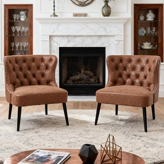 chairus Tufted Slipper Accent Chairs Set of 2, Faux Leather Upholstered Armless Living Room Chairs with Nailhead Trim, Mid-Century Modern Wingback Side Chairs for Bedroom Office, Brown PU