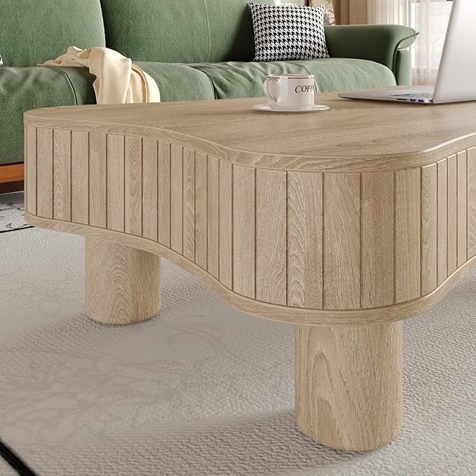 42.5" Lift Top Fluted Coffee Table with Hidden Storage Compartment, Modern Cloud-Shaped Wooden Center Table Cocktail Tea Table with Curved Safety Corners and Adjustable Height, Natural