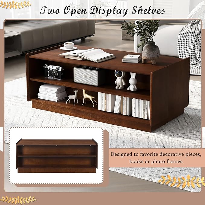 Modern Wooden Coffee Table with 4 Drawers & 2 Open Storage Shelves, 47.2-Inch Rectangular Fluted Accent Tables Center Cocktail Table for Living Room, Brown