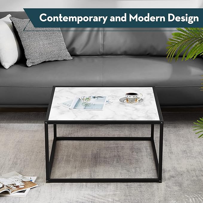 SAYGOER White Coffee Table,Small Square Coffee Table,Modern Center Table for Living Room Office 27.6 * 27.6 * 15.7 Inch, Easy Assembly, White Faux Marble Top