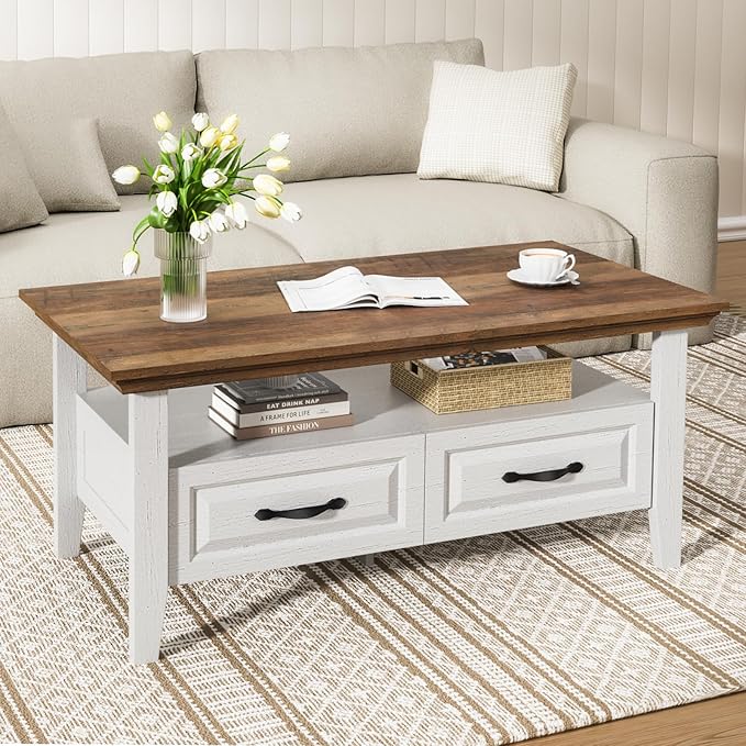 Amada Coffee Table for Living Room, 39.4" Small Coffee Table with Storage, Open Display Shelf and Hidden Drawers, Farmhouse Wood Center Table Ideal for Home Office, White and Oak