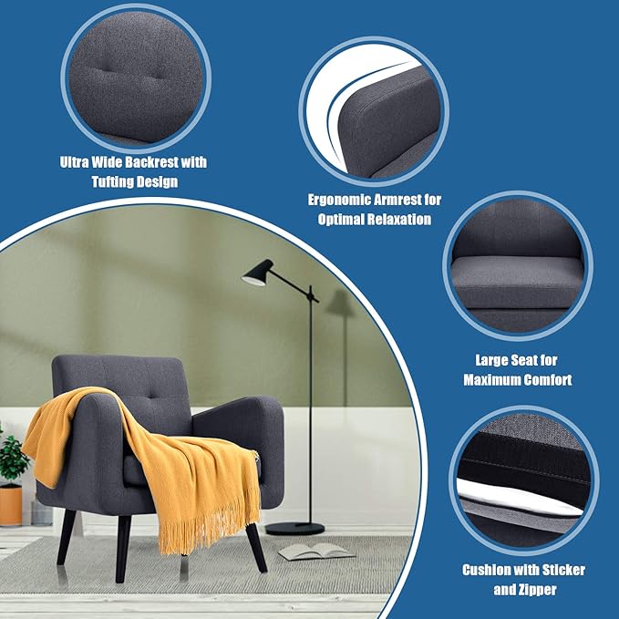 Giantex Upholstered Accent Chair Set of 2, Modern Mid Century Linen Fabric Living Room Chair with Arms, Max Load 265 Lbs, Comfy Tufted Single Sofa for Reading, Bedroom, Office, Club, Grey
