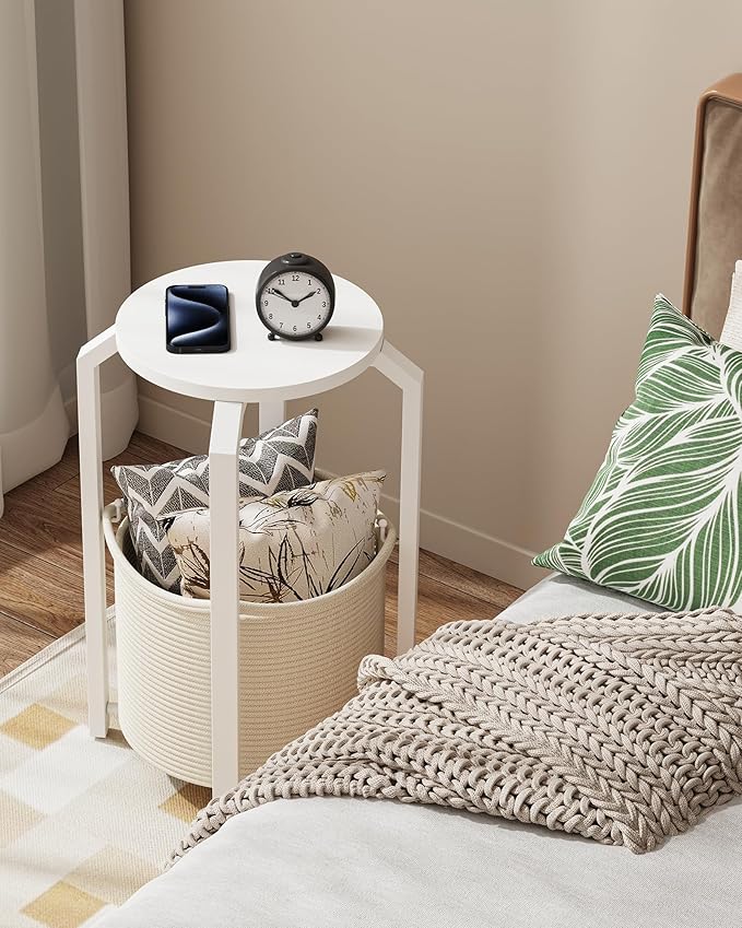 TUTOTAK Small Side Table, Round End Table, Night Stand, Bedside Table, Sofa Table with Storage Basket, Living Room, Bed Room, White TB01BW092