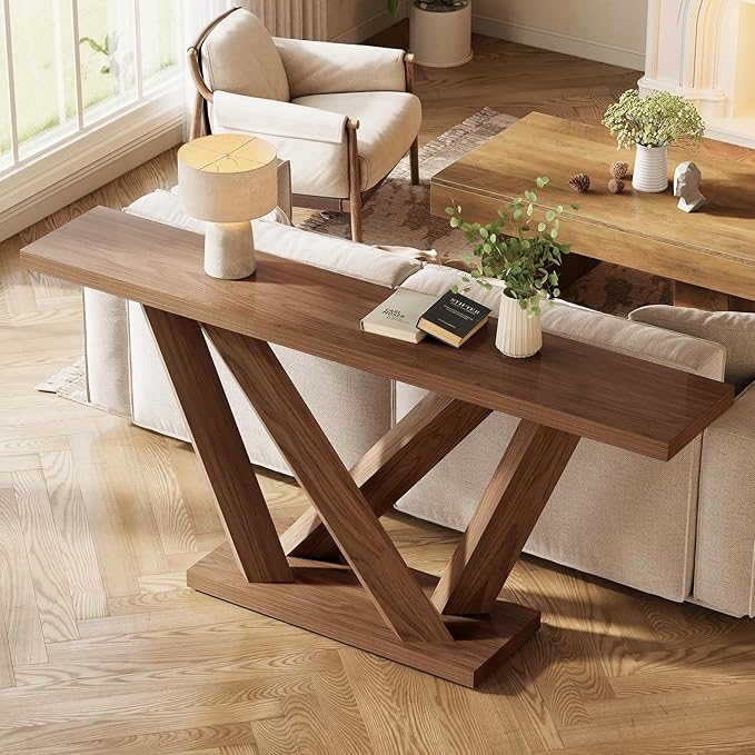LITTLE TREE 63-Inch Console Table with Geometric Base, Modern Long Narrow Accent Sofa Table Behind The Couch, Wood Entryway Table for Hallway, Foyer, Living Room, Dark Brown