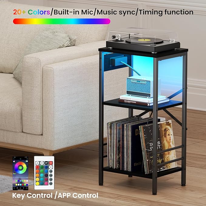 Record Player Stand with Charging Station, 3-Tier Side Table with LED Light, End Table Nightstand for Vinyl Storage, Tall Beside Tables Turntable Stand Living Room, Bedroom, Black