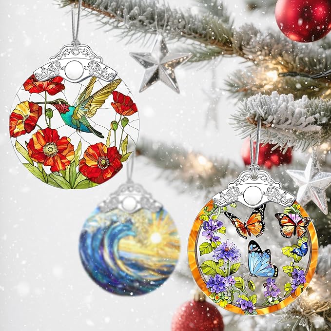 Hummingbird & Poppy Stained Glass Christmas Ornament – Christmas Tree Ornament & Holiday Decor, Gift for Hummingbird Lovers, Ideal Holiday Present & Xmas Gift