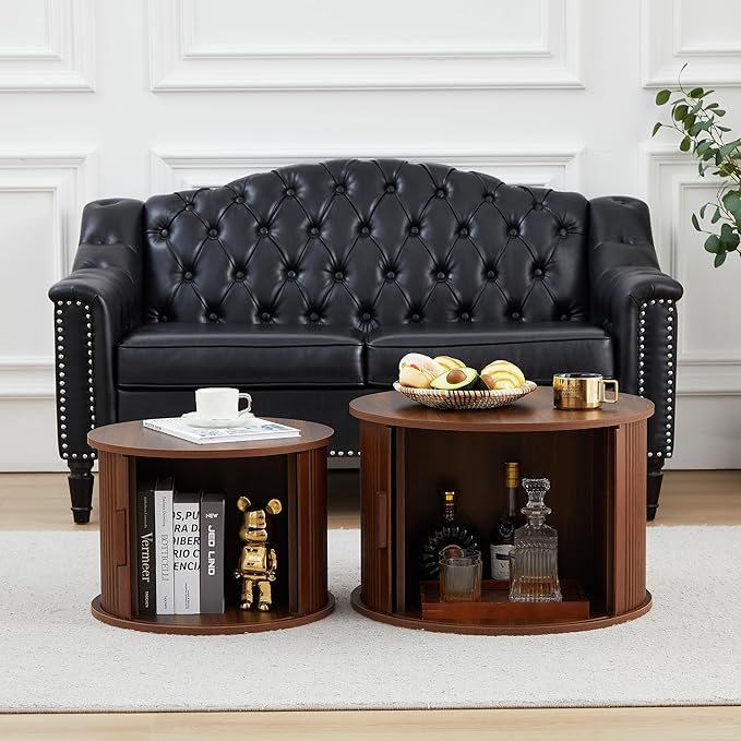 Round Coffee Table, 2 Piece Coffee Table Set with Storage Space and Sliding Door, Modern Fluted Coffee Side Table for Living Room, Office, Bedroom (Walnut)