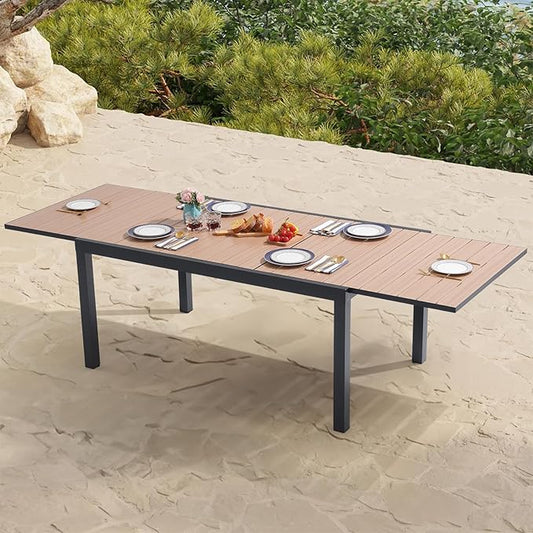 Soleil Jardin Aluminum Patio Extendable Dining Table, 63" - 105", Adjustable Indoor Outdoor Furniture Rectangle Table w/Thermal Transfer Wood Grain Tabletop for 6-10 Person Porch Deck Garden, Black
