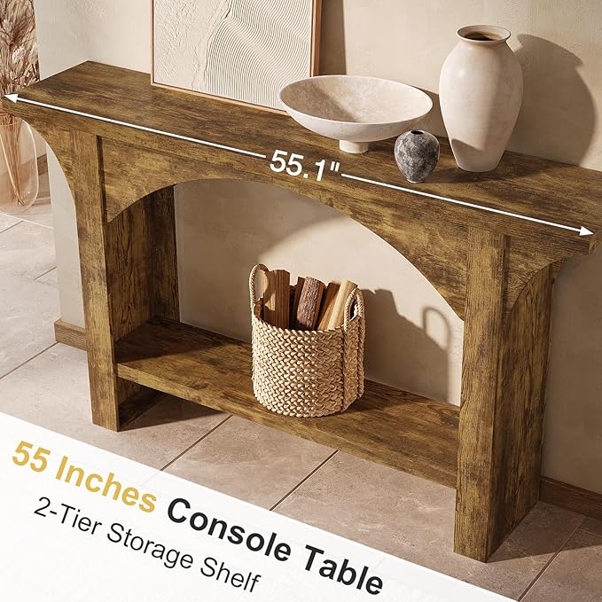 55 Inches Console Table,2 Tier Farmhouse Entryway Table,Narrow Wood Accent Tables with Storage Shelves for Living Room,Entrance,Hallway,Foyer (Brown)