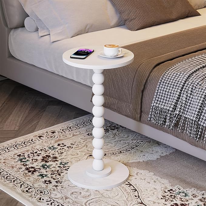 Round Side Table, Small Drink Table for Small Spaces, Pedestal End Table for Living Room, Modern Accent Nightstand with Solid Wood Leg for Bedroom, Corners and Office White Color UTBT005W