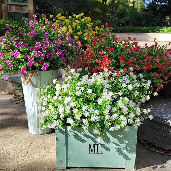12 Bundles Artificial Flowers for Outdoors, UV Resistant Fake Flowers with Plastic Plants, Faux Flowers for Outside Window Box Front Porch Hanging Planter Decor (White)