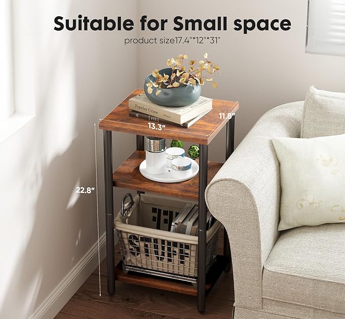 Sweetcrispy 3-Tier End Table Set of 2, Side Table with Adjustable Feet, Small Nightstand Space-Saving for Bedroom Living Room Office, Brown
