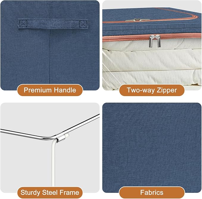 3 Pack Foldable Storage Bins with Metal Frame, Large Capacity Stackable Clothes Organizer with Clear Window & Carry Handles, Linen Fabric Storage Boxes for Closet (Navy Blue, 3PCS-Large-66L)