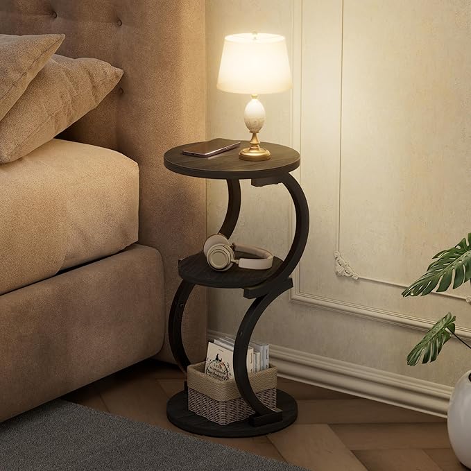 JUSTOGO Small Round Side Table, 3-Tier End Table for Living Room, Vintage Nightstand for Small Spaces Sofa Couch Corner Bedside Bedroom, S-Shaped Wood Accent Table Matel Coffee Table, Black