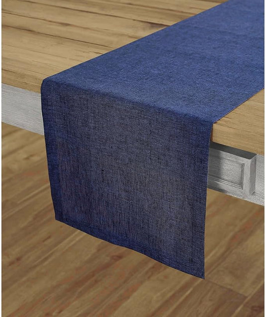 Solino Home Linen Table Runner 144 Inches Long - Athena, 100% Pure Linen Chambray Navy Dining Table Runner 14 x 144 Inch for Fall, Autumn, Thanksgiving, Christmas