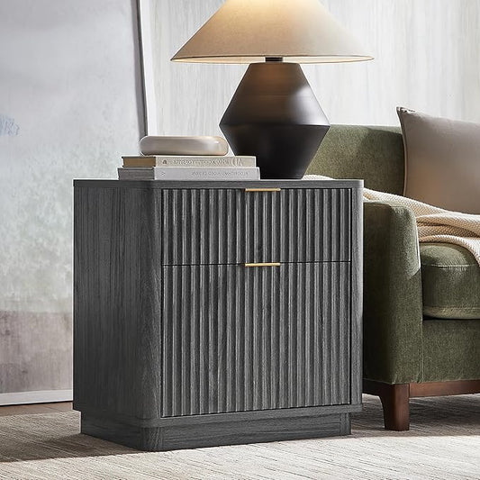 T4TREAM 23'' Fluted Nightstand with Charging Station, Large 2 Drawer Side Table, Modern End Table with Storage, Mid Century Bedside Table for Bedroom, Living Room, Curved Profile, Dark Alder