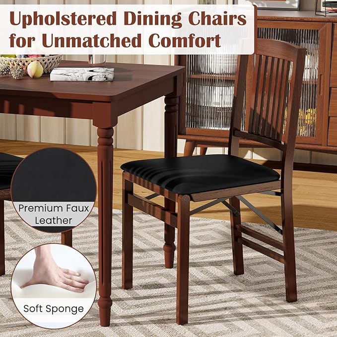 Giantex Folding Dining Chairs Set of 4, Solid Wood Frame, Foldable Wood Kitchen Chairs with Padded Seat, Max Load 400 Lbs, No Assembly, Armless Side Chairs for Apartment Dining Room, Brown & Black