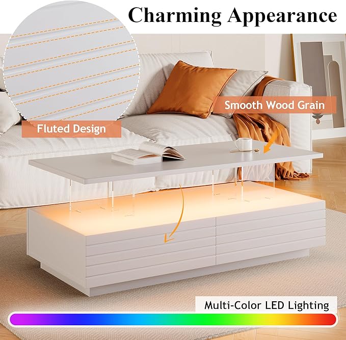 Modern White Rectangular LED Lights Coffee Table with 2 Drawers in 47.2"