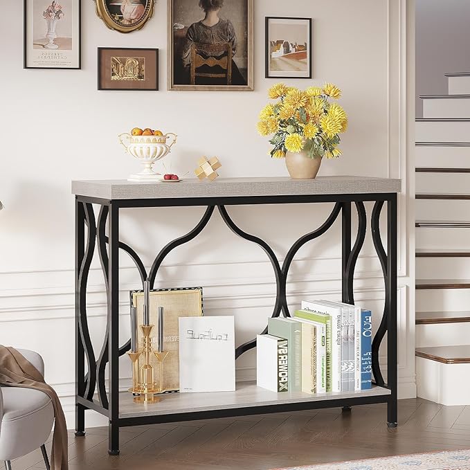 IBF Narrow Entryway Table with Storage, Modern Wood Metal Console Sofa Table Behind Couch Tables, Industrial Narrow Hallway Table for Living Room Home Office Foyer Entry Way Entrance, Grey, 39.4 Inch
