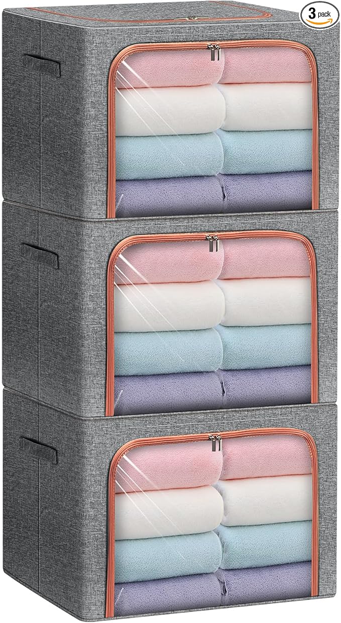 3 Pack Foldable Storage Bins with Metal Frame, Large Capacity Stackable Clothes Organizer with Clear Window & Carry Handles, Linen Fabric Storage Boxes for Closet (Gray, 3PCS-Large-66L)