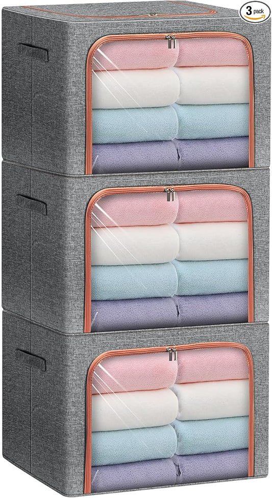 3 Pack Foldable Storage Bins with Metal Frame, Large Capacity Stackable Clothes Organizer with Clear Window & Carry Handles, Linen Fabric Storage Boxes for Closet (Gray, 3PCS-Large-66L)