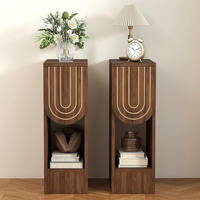 Narrow Nightstands Set of 2, Mid-Century Modern Bedside Table with Carved Drawer and Storage Shelf, Farmhouse Slim Side End Table for Bedroom, Small Space (2, Walnut)