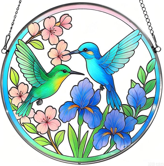 Stained Glass Sun Cather for Window Hanging, 6.3'' Hummingbird Suncatcher with Flowers for Indoor Ornament, Bird Stain Glass Home Decor for Women, Mother