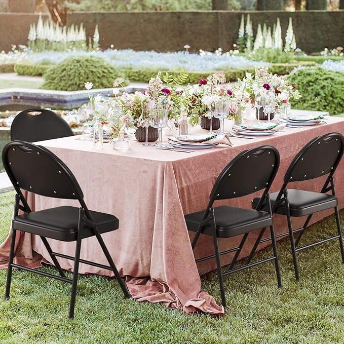 IDEALHOUSE 4 Pack Folding Chairs with PU Leather Padded Cushion, 350lbs Capacity, Lightweight Ergonomic Design, Metal Frame, Indoor Outdoor Portable Stackable Seats for Home Office Party Events，Black