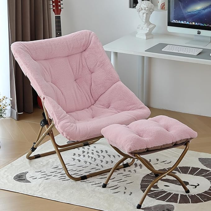 Comfy Folded Chair with Ottoman, Oversized Folding Faux Fur Chair Soft Furry Lounge Lazy Chair with Metal Frame Moon Chair Accent Chair for Bedroom, Living Room, Dorm Rooms