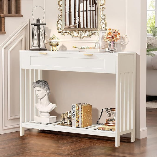 Entryway Table with Drawers Narrow Accent Sofa Table with Storage Shelf, Modern Wooden Console with Drawer Entry Table Storage Slats Shelf for Living Room,Entryway, Foyer, Hallway, White