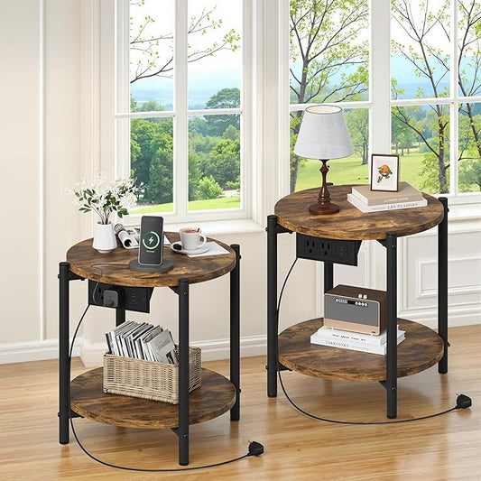 LIKIMIO Round End Tables, Set of 2, 16" W Small Round Side Tables with Charging Station, 2-Tier Modern Nightstands for Small Spaces, Living Room, Bedroom, Rustic Brown