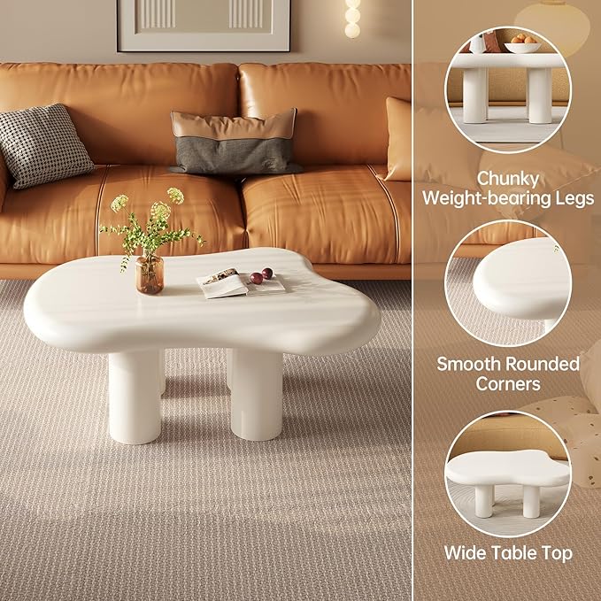 Guyii Cloud Coffee Table, Cute White Modern Tea Table, Irregular Indoor End Table for Living Room, Free Shape with 4 Legs, 35.82 Inches