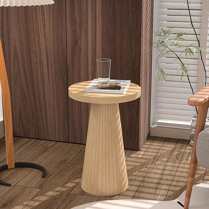 Small Round Pedestal Side Table, Wooden End Table for Living Room, Fluted Drink Table for Small Space, Modern Plant Stand Accent Table for Sofa Couch, 13.6 inch (Wood)